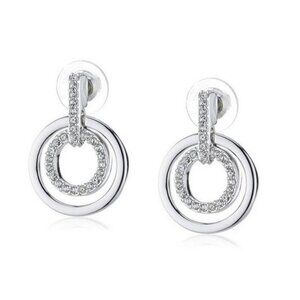 Swarovski Double Circle Hoop Rhodium Plated Pave Earrings Dressy Elegant Classy